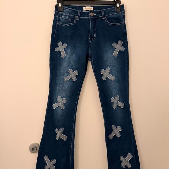 Source Unknown Denim - Bamboo Womens mid rise blue dark wash bootcut jeans with cross embroidery stitch